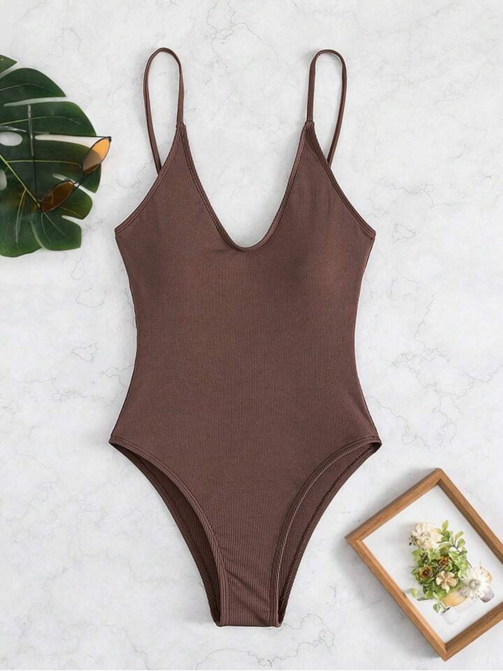 SHEIN Ribbed Brown One-Piece Swimsuit - Classic Scoop Neck